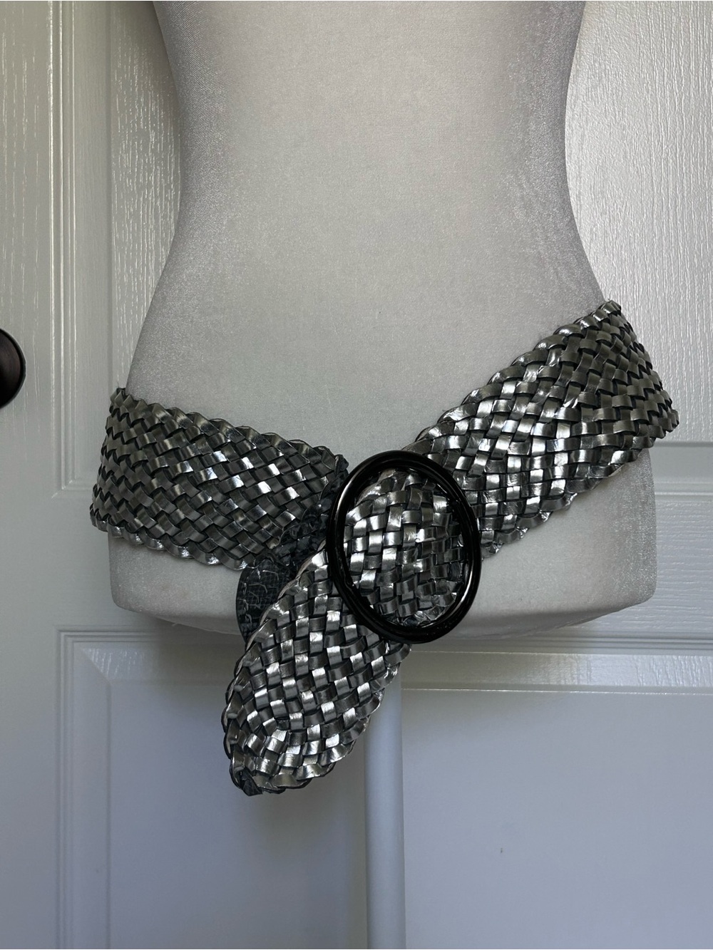 Silver Woven Statement Wide Belt with Oval Buckle Leather Adjustable